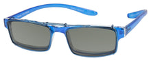 Load image into Gallery viewer, Polarized Clip-On Sunglasses, blue framed readers and case included. 
