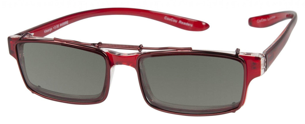 Polarized clip on sunglasses, including readers with red frames. Case included by CouCou